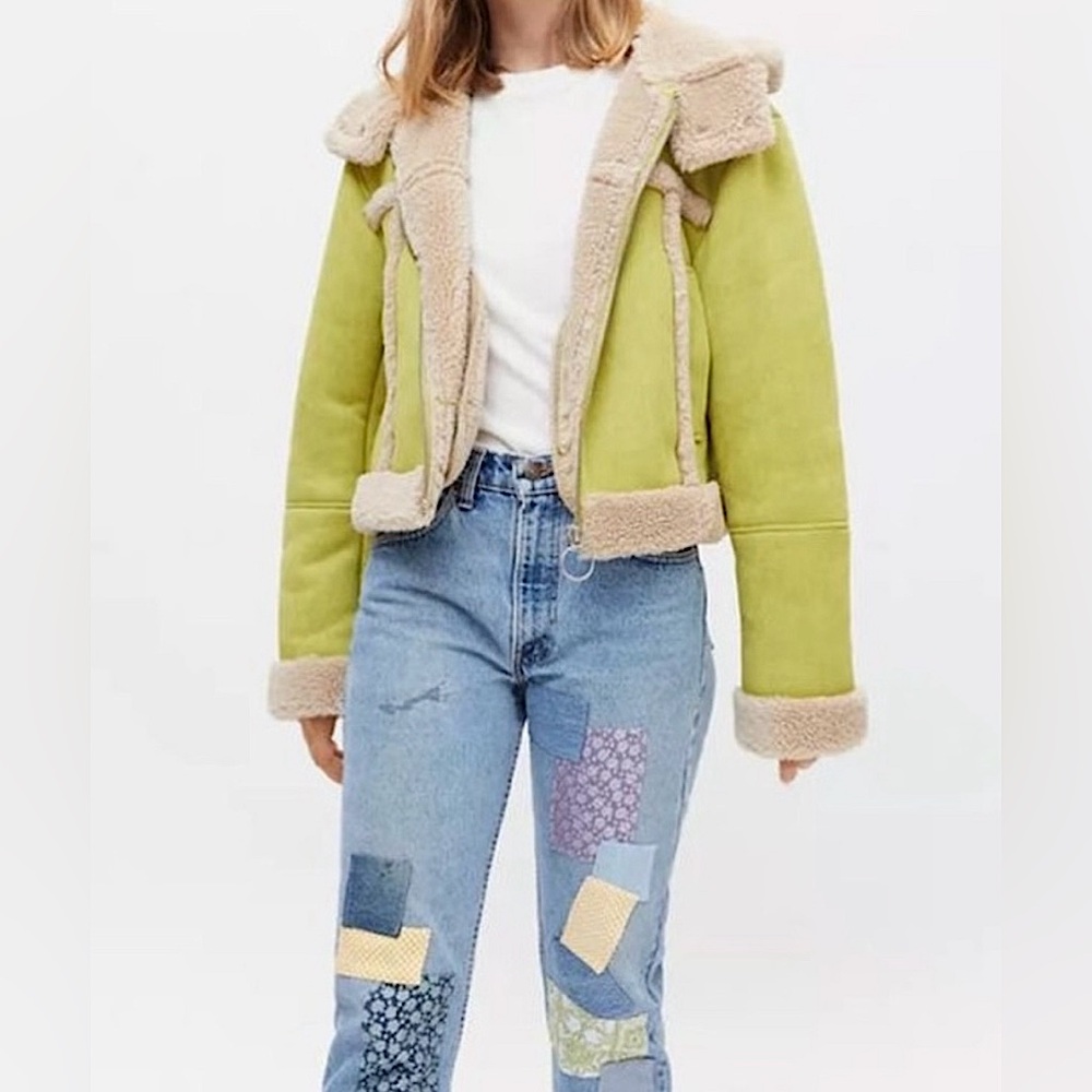 Urban Outfitters Lime Green Faux Shearling Teddy Jacket with Cream Trim